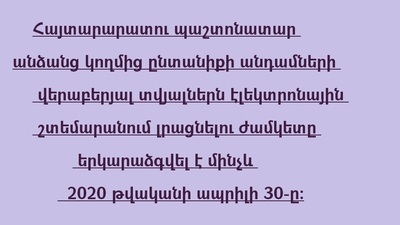 Հայտարարագրի էլեկտրոնային շտեմարանում տվյալների լրացնելու ժամկետը երկարաձգվել է մինչև 2020 թվականի ապրիլի 30-ը